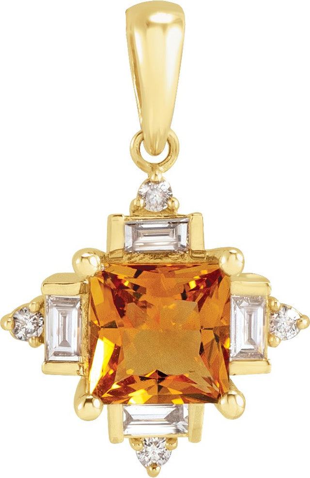 14K Gold Square Natural Citrine & Natural Diamond Geometric Necklace or Pendant - Yellow Gold