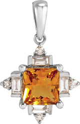 Platinum Square Natural Citrine & Natural Diamond Geometric Necklace or Pendant