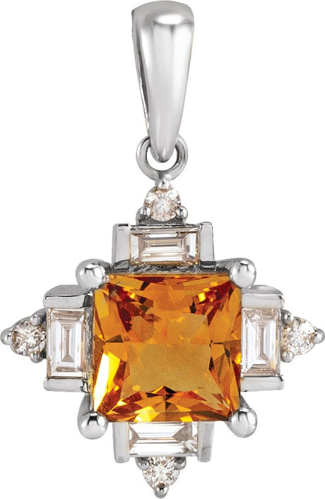 Platinum Square Natural Citrine & Natural Diamond Geometric Necklace or Pendant