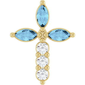 14K Gold Marquise Natural Aquamarine & Natural Diamond Cross Necklace or Pendant - Yellow Gold