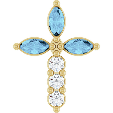 14K Gold Marquise Natural Aquamarine & Natural Diamond Cross Necklace or Pendant - Yellow Gold