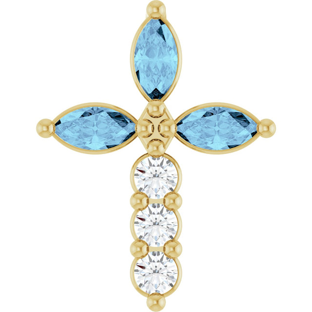 14K Gold Marquise Natural Aquamarine & Natural Diamond Cross Necklace or Pendant - Yellow Gold