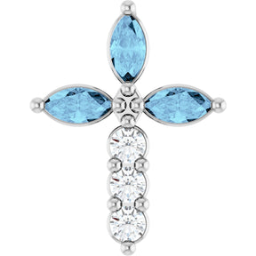 Platinum Marquise Natural Aquamarine & Natural Diamond Cross Necklace or Pendant