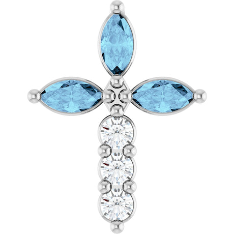Platinum Marquise Natural Aquamarine & Natural Diamond Cross Necklace or Pendant