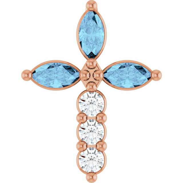 14K Gold Marquise Natural Aquamarine & Natural Diamond Cross Necklace or Pendant - Rose Gold
