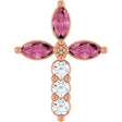 14K Gold Marquise Natural Pink Tourmaline & Natural Diamond Cross Necklace or Pendant - Rose Gold