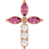 14K Gold Marquise Natural Pink Tourmaline & Natural Diamond Cross Necklace or Pendant - Rose Gold