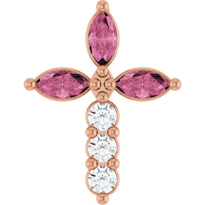 14K Gold Marquise Natural Pink Tourmaline & Natural Diamond Cross Necklace or Pendant - Rose Gold