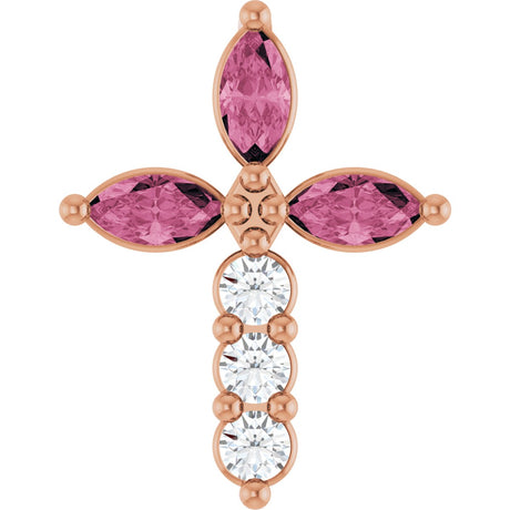 14K Gold Marquise Natural Pink Tourmaline & Natural Diamond Cross Necklace or Pendant - Rose Gold