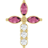 14K Gold Marquise Natural Pink Tourmaline & Natural Diamond Cross Necklace or Pendant - Yellow Gold
