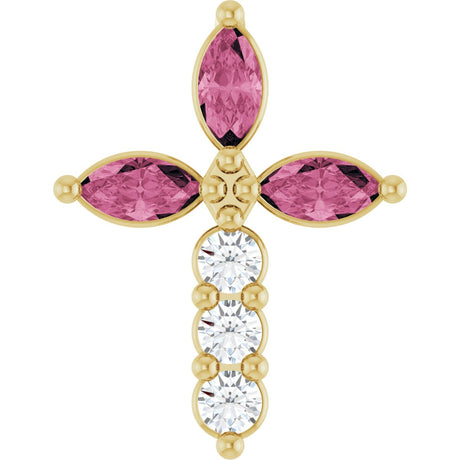 14K Gold Marquise Natural Pink Tourmaline & Natural Diamond Cross Necklace or Pendant - Yellow Gold
