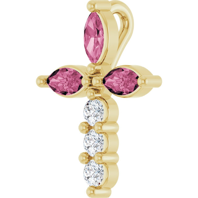 14K Gold Marquise Natural Pink Tourmaline & Natural Diamond Cross Necklace or Pendant - Yellow Gold - view 2