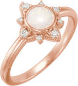 14K Gold Round Natural White Opal & Natural Diamond Cabochon Halo-Style Ring - Rose Gold