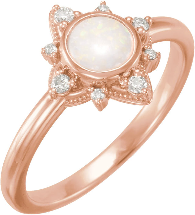 14K Gold Round Natural White Opal & Natural Diamond Cabochon Halo-Style Ring - Rose Gold