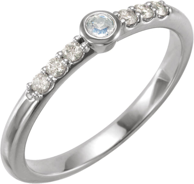 Platinum Round Natural Blue Sheen Moonstone & Natural Diamond Stackable Bezel-Set Ring
