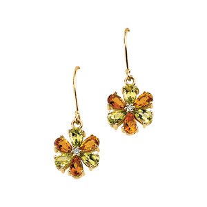 14K Gold Pear Natural Peridot & Natural Citrine & Natural Diamond Floral Earrings