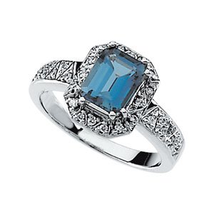 14K Gold Emerald Natural London Blue Topaz & Natural Diamond Halo-Style Ring