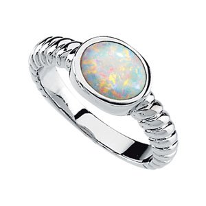 14K Gold Oval Natural White Opal Cabochon Rope Ring - view 2