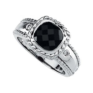 14K Gold Cushion Natural Black Onyx & Natural Diamond Accented Rope Ring