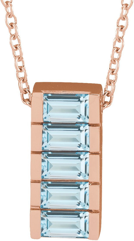14K Gold Straight Baguette Natural Sky Blue Topaz Channel-Set Bar Necklace or Slide Pendant - Rose Gold