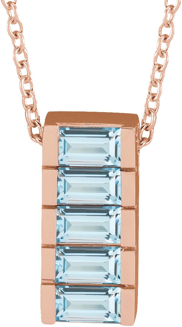 14K Gold Straight Baguette Natural Sky Blue Topaz Channel-Set Bar Necklace or Slide Pendant - Rose Gold