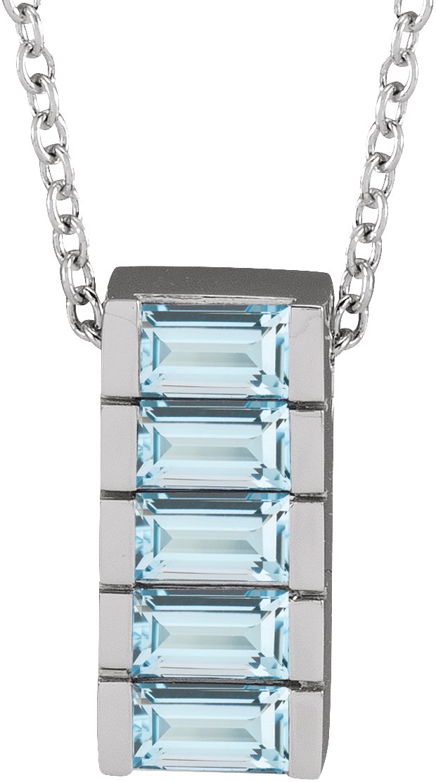 14K Gold Straight Baguette Natural Sky Blue Topaz Channel-Set Bar Necklace or Slide Pendant - White Gold