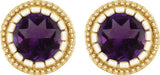 14K Gold Round Natural Amethyst Milgrain Bezel-Set Birthstone Stud Earrings - Yellow Gold - view 2