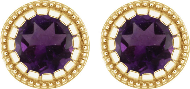 14K Gold Round Natural Amethyst Milgrain Bezel-Set Birthstone Stud Earrings - Yellow Gold - view 2