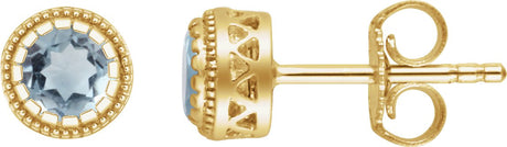 14K Gold Round Natural Aquamarine Milgrain Bezel-Set Birthstone Stud Earrings - Yellow Gold