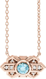 14K Gold Round Natural Aquamarine & Natural Diamond Art Deco Necklace - Rose Gold