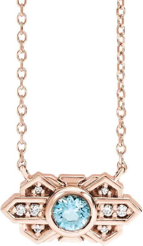 14K Gold Round Natural Aquamarine & Natural Diamond Art Deco Necklace - Rose Gold