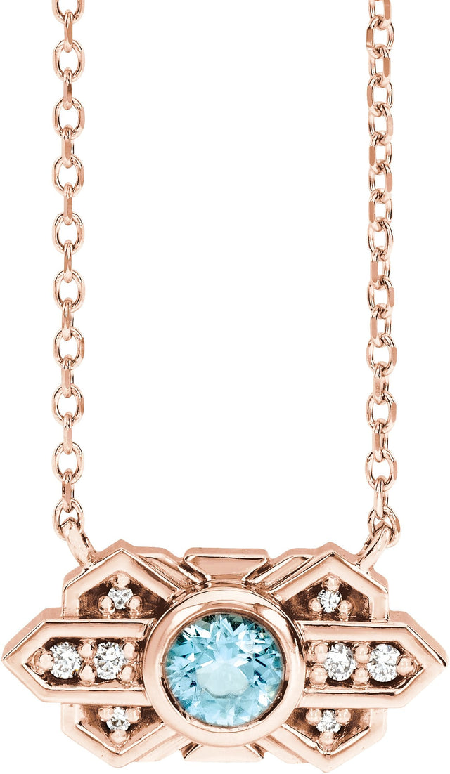 14K Gold Round Natural Aquamarine & Natural Diamond Art Deco Necklace - Rose Gold
