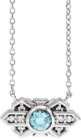 14K Gold Round Natural Aquamarine & Natural Diamond Art Deco Necklace - White Gold