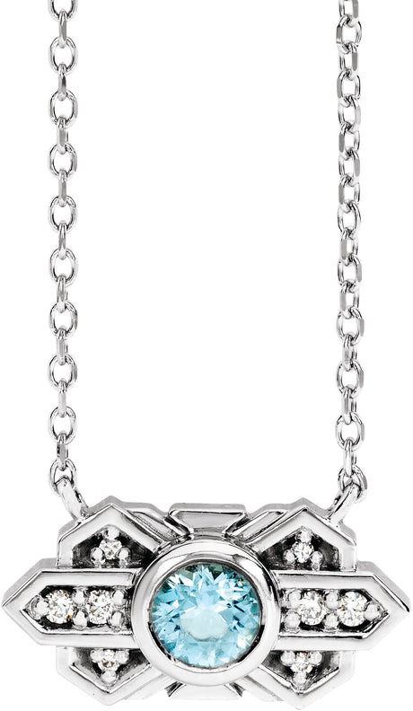 Platinum Round Natural Aquamarine & Natural Diamond Art Deco Necklace