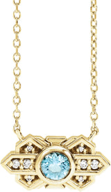 14K Gold Round Natural Aquamarine & Natural Diamond Art Deco Necklace - Yellow Gold