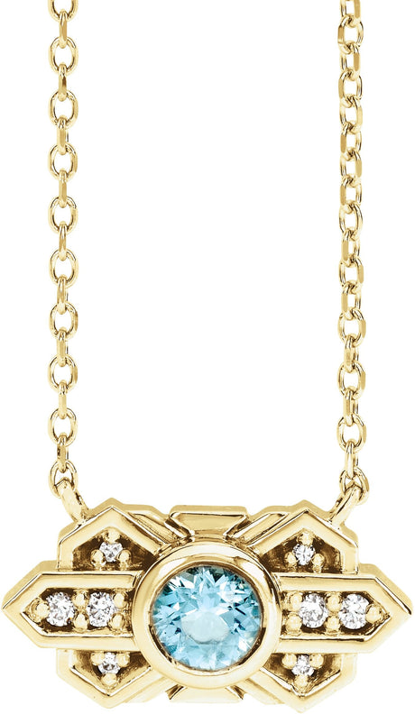 14K Gold Round Natural Aquamarine & Natural Diamond Art Deco Necklace - Yellow Gold