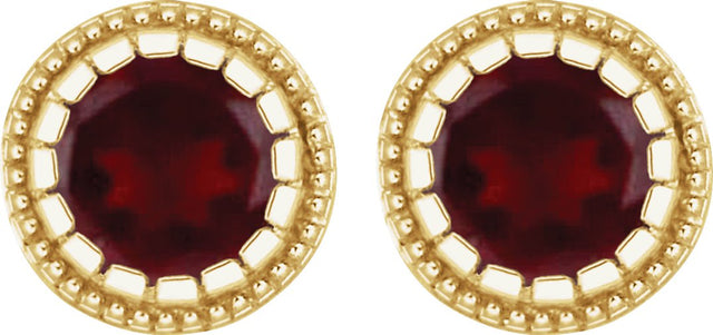 14K Gold Round Natural Garnet Milgrain Bezel-Set Birthstone Stud Earrings - view 2