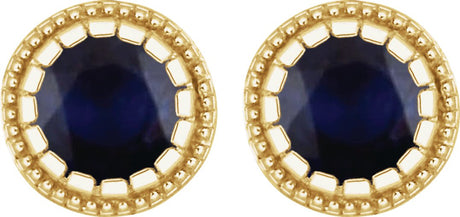14K Gold Round Natural Blue Sapphire Milgrain Bezel-Set Birthstone Stud Earrings - view 2