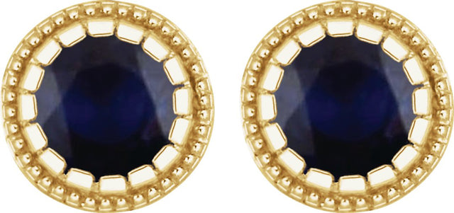 14K Gold Round Natural Blue Sapphire Milgrain Bezel-Set Birthstone Stud Earrings - view 2