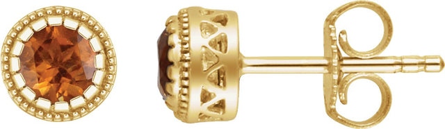 14K Gold Round Natural Citrine Milgrain Bezel-Set Birthstone Stud Earrings - Yellow Gold