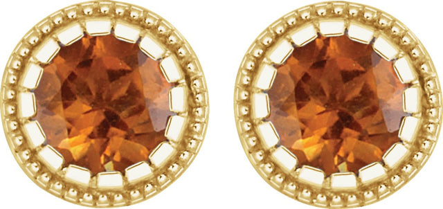 14K Gold Round Natural Citrine Milgrain Bezel-Set Birthstone Stud Earrings - Yellow Gold - view 2