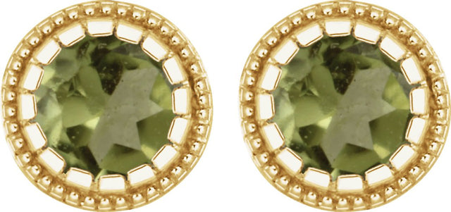 14K Gold Round Natural Peridot Milgrain Bezel-Set Birthstone Stud Earrings - Yellow Gold - view 2