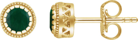 14K Gold Round Natural Emerald Milgrain Bezel-Set Birthstone Stud Earrings - Yellow Gold