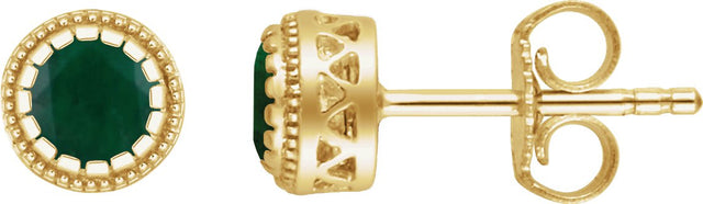 14K Gold Round Natural Emerald Milgrain Bezel-Set Birthstone Stud Earrings - Yellow Gold