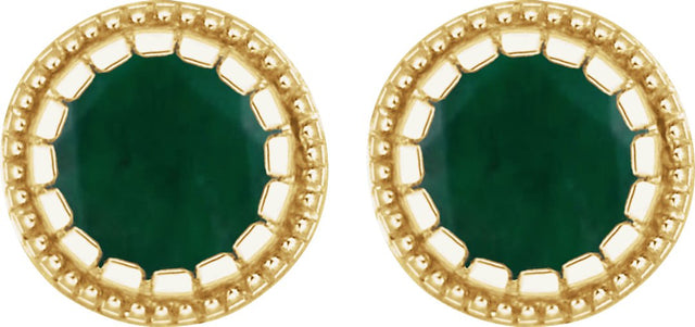 14K Gold Round Natural Emerald Milgrain Bezel-Set Birthstone Stud Earrings - Yellow Gold - view 2
