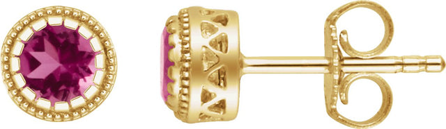 14K Gold Round Natural Pink Tourmaline Milgrain Bezel-Set Birthstone Stud Earrings - Yellow Gold