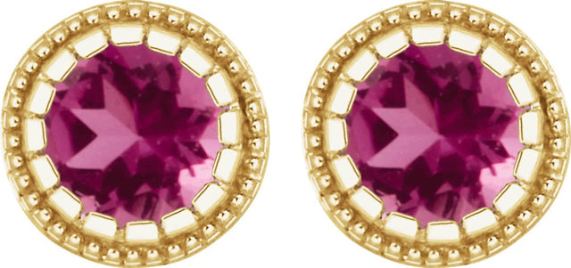14K Gold Round Natural Pink Tourmaline Milgrain Bezel-Set Birthstone Stud Earrings - Yellow Gold - view 2