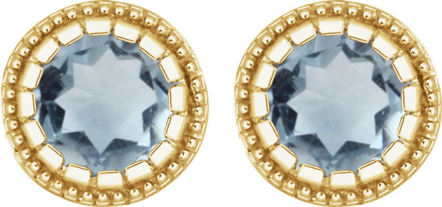 14K Gold Round Natural Aquamarine Milgrain Bezel-Set Birthstone Stud Earrings - Yellow Gold - view 2