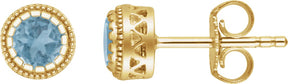 14K Gold Round Natural Swiss Blue Topaz Milgrain Bezel-Set Birthstone Stud Earrings - Yellow Gold
