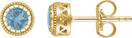 14K Gold Round Natural Swiss Blue Topaz Milgrain Bezel-Set Birthstone Stud Earrings - Yellow Gold